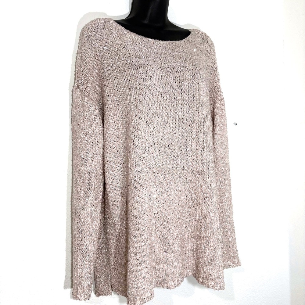 Chicos Sweater Women Beige Sparkle Sequin Knit Long Sleeve Casual Top M